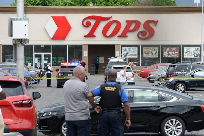 Buffalo Police on scene at a Tops Friendly Market on May 14, 2022 in Buffalo, New York. According to reports, at least 10 people were killed after a mass shooting at the store with the shooter in police custody.