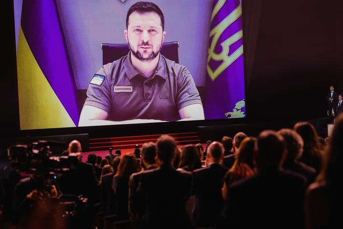 Ukraine's President Volodymyr Zelenskyy speaks via video during the opening ceremony for the 75th Cannes Film Festival in Cannes, France, on Tuesday.