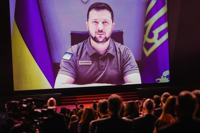 President of Ukraine Volodymyr Zelenskyy speaks via video during the opening of the  Cannes film festival on Tuesday.