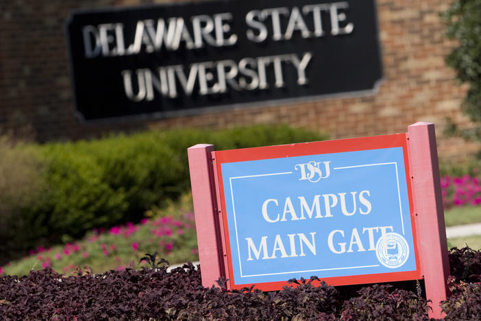 Delaware State University says it has filed a complaint to the U.S. Department of Justice Wednesday to investigate the women's lacrosse team bus stop and search. Here, the main gate of the Delaware State University campus in Dover in September 2007.