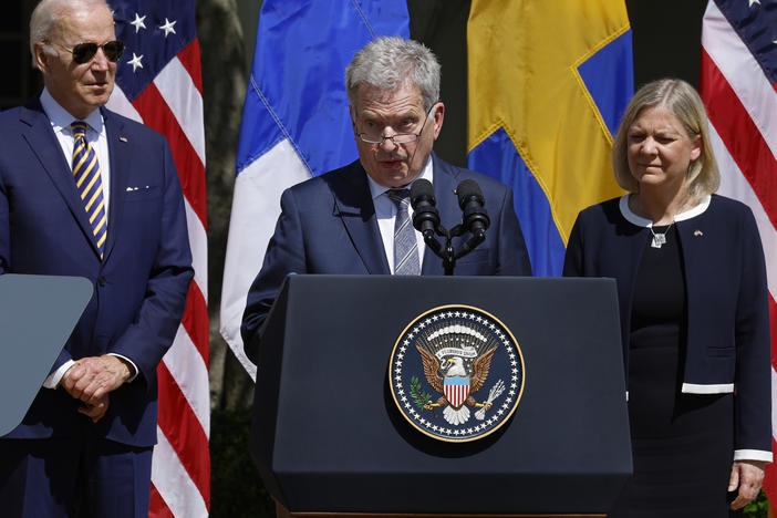 President Biden, Finland's President Sauli Niinisto and Sweden's Prime Minister Magdalena Andersson deliver remarks in the Rose Garden at the White House on Thursday.