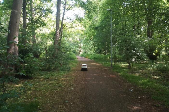 A wandering delivery robot found its way into the woods of Northampton in the United Kingdom.