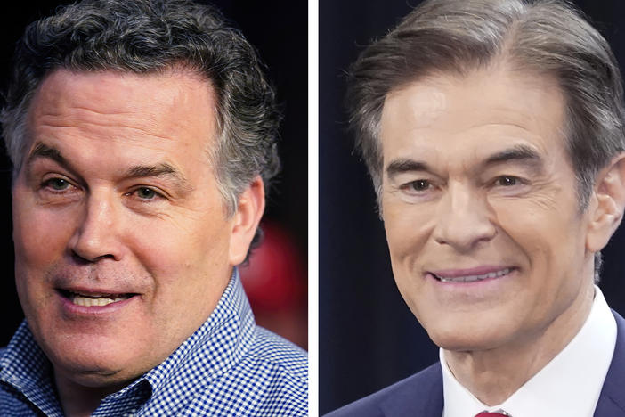 Pennsylvania Republican Senate candidates David McCormick, left, and Mehmet Oz are seen during campaign appearances in May 2022 in Pennsylvania.