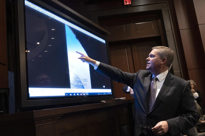 U.S. Deputy Director of Naval Intelligence Scott Bray explains a video of an unidentified aerial phenomena, as he testifies before a House Intelligence Committee subcommittee hearing at the U.S. Capitol on May 17, 2022 in Washington, DC.