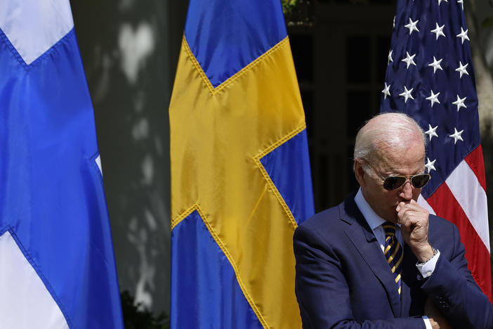 Joe Biden listens to remarks by Finland's President Sauli Niinisto and Sweden's Prime Minister Magdalena Andersson at the White House this week.