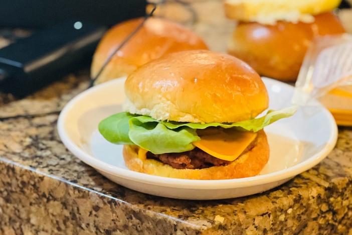 A plant-based burger prepared by A Martínez, one of the hosts of <em>Morning Edition.</em>