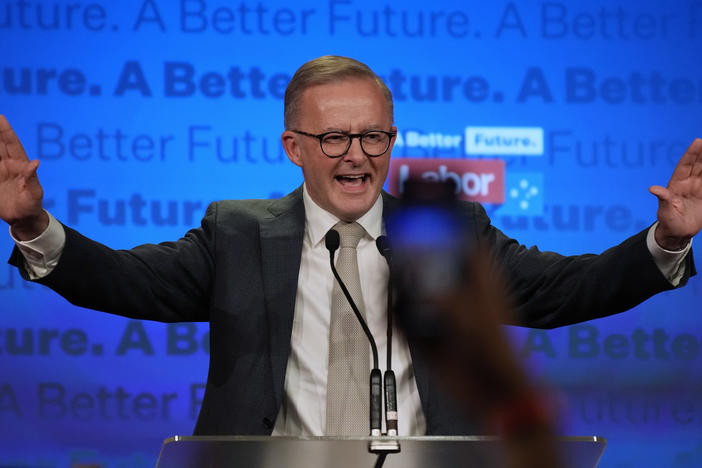 Labor Party leader Anthony Albanese speaks to supporters at a Labor Party event in Sydney, Australia, Sunday, May 22, 2022, after Prime Minister Scott Morrison conceding defeat to Albanese in a federal election.