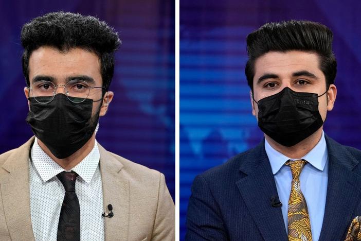 A composite photo shows TV anchors Hamed Bahram (left) and Nesar Nabil wearing face masks while reading the news on TOLOnews, in Kabul, Afghanistan, on Sunday.