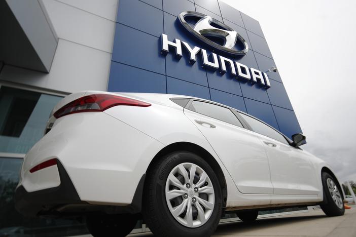 An unsold 2019 Accent sedan sits at a Hyundai dealership in Littleton, Colo. on May 19, 2019. Hyundai is recalling 239,000 cars because the seat belts can explode and injure vehicle occupants.