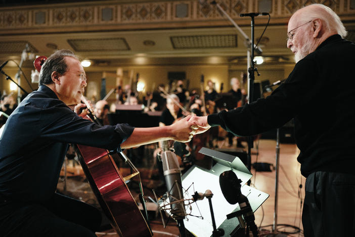 Cellist Yo-Yo Ma, left, with composer John Williams, right. The pair recently released a collaborative recording, <em>A Gathering of Friends</em>, with the New York Philharmonic.