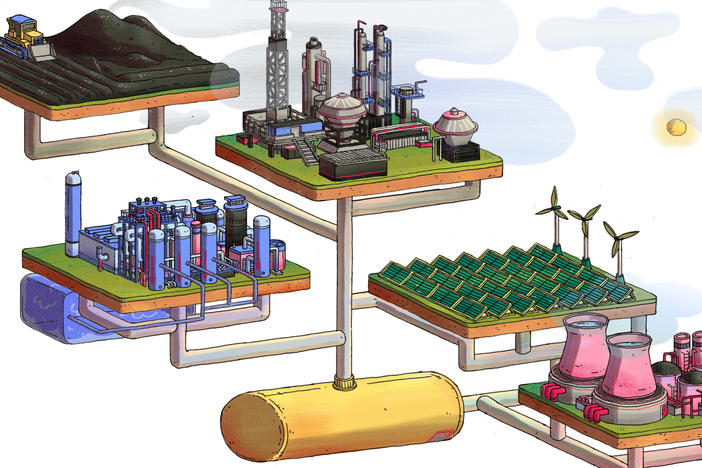 Black or brown hydrogen is extracted from coal. Gray hydrogen is made by heating natural gas. Both create carbon dioxide. Blue hydrogen captures about 90% of that carbon dioxide and stores it, usually underground. Green hydrogen uses renewable energy to split hydrogen out of water using electricity. Pink hydrogen does the same but relies on nuclear power.