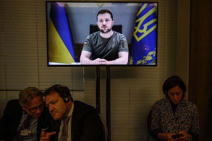 Ukrainian President Volodymyr Zelenskyy delivers a statement by videolink during an event on the sidelines of the World Economic Forum annual meeting in Davos on Wednesday.