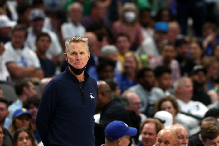 Head coach Steve Kerr of the Golden State Warriors looks on Tuesday as his team plays the Dallas Mavericks in Game Four of the NBA's Western Conference Finals in Dallas. Before the game Kerr refused to take questions about basketball, instead expressing his frustration and anger about the Uvalde, Texas, shooting and elected officials' failure to pass gun control measures.