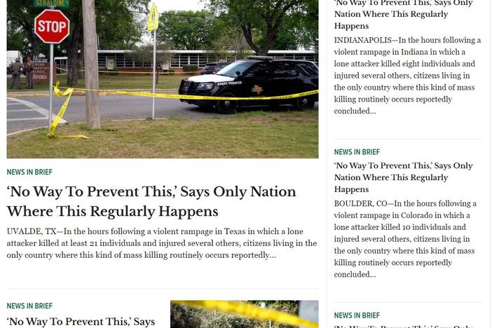 On Wednesday, The Onion's website was plastered with variations of the satirical piece it's republished after more than 20 mass shootings.
