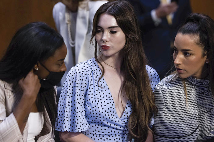 Gymnasts, from left, Simone Biles, McKayla Maroney and Aly Raisman at a Senate Judiciary hearing about a report on the FBI's handling of the Larry Nassar investigation on Sept. 15, 2021.