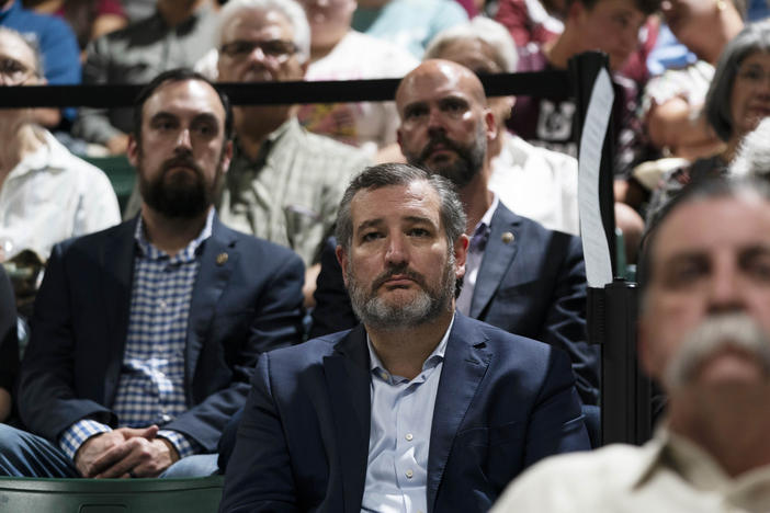 Sen. Ted Cruz, R-Texas, attends a prayer vigil in Uvalde, Texas, Wednesday, May 25, 2022. The vigil was held to honor the victims killed in Tuesday's shooting at Robb Elementary School.