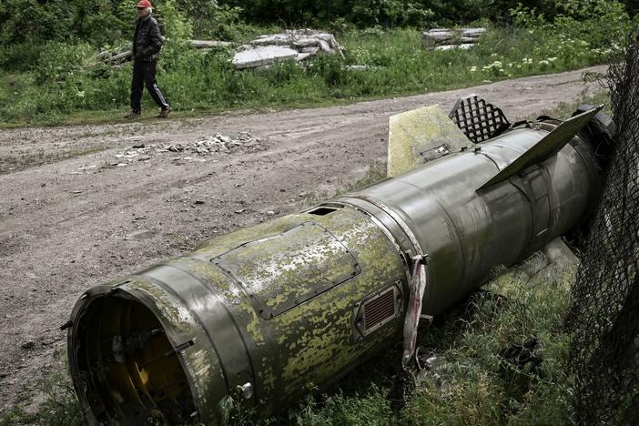 A missile lies on the ground in the city of Lysychansk, in the eastern Ukrainian region of Donbas, on Thursday. Ukraine said the war in the region hit maximum level.