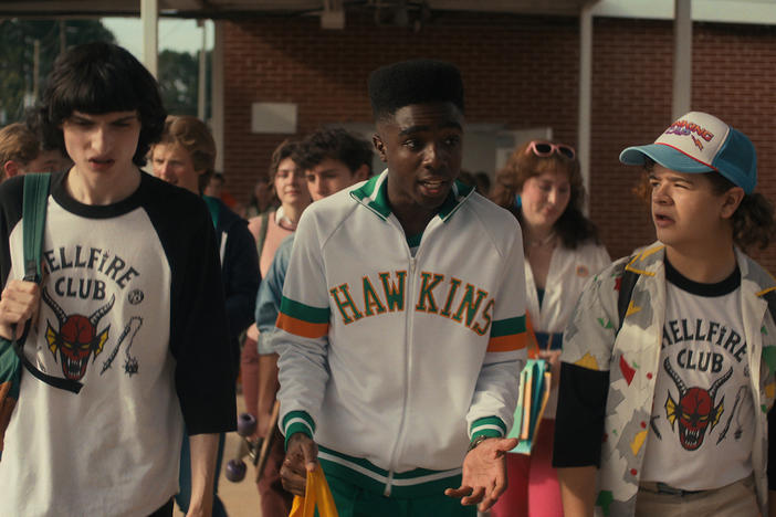 Finn Wolfhard as Mike, Caleb McLaughlin as Lucas and Gaten Matarazzo as Dustin.