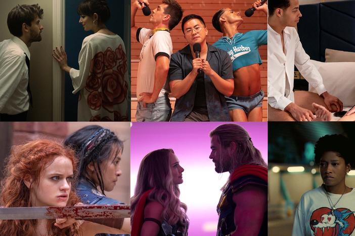 Movie stills from C<em>ha Cha Real Smooth, Fire Island, Good Luck to You, Leo Grande, The Princess, Thor: Love and Thunder</em>, and <em>NOPE</em>.