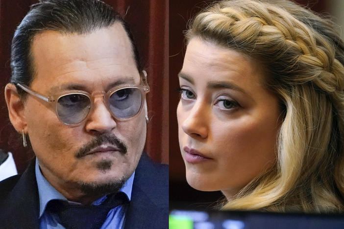 This combination of two separate photos shows actors Johnny Depp, left, and Amber Heard in the courtroom for closing arguments at Fairfax County Circuit Court in Fairfax, Va. on Friday.