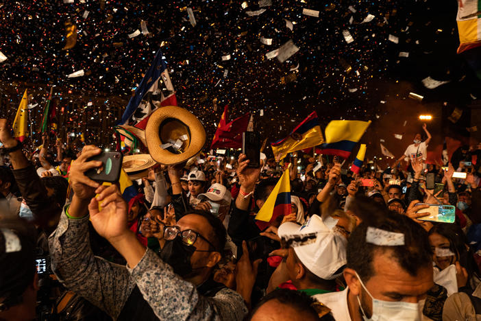 Attendees during a closing campaign rally for presidential candidate Gustavo Petro in Bogotá, Colombia. Petro is ahead in the polls for this Sunday's election, but it's expected to go to a second round in June.