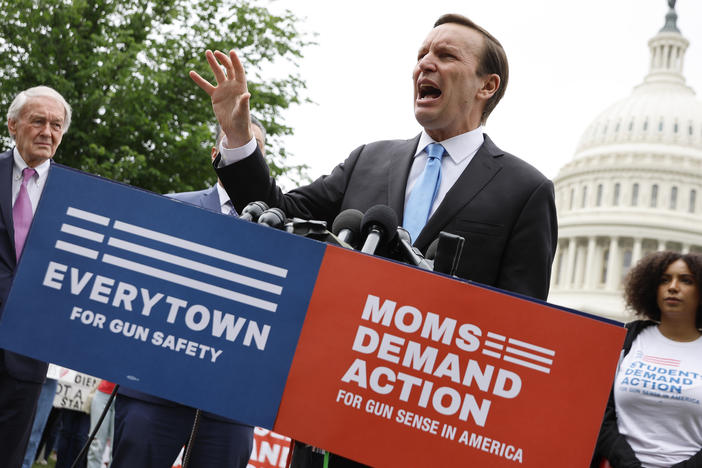 Sen. Chris Murphy, D-Conn., addresses a rally with fellow Senate Democrats and gun control advocacy groups outside the U.S. Capitol on Thursday. Organized by Moms Demand Action, Everytown for Gun Safety and Students Demand Action, the rally brought together members of Congress and gun violence survivors to demand gun safety legislation following mass shootings in Buffalo, N.Y., and Uvalde, Texas.