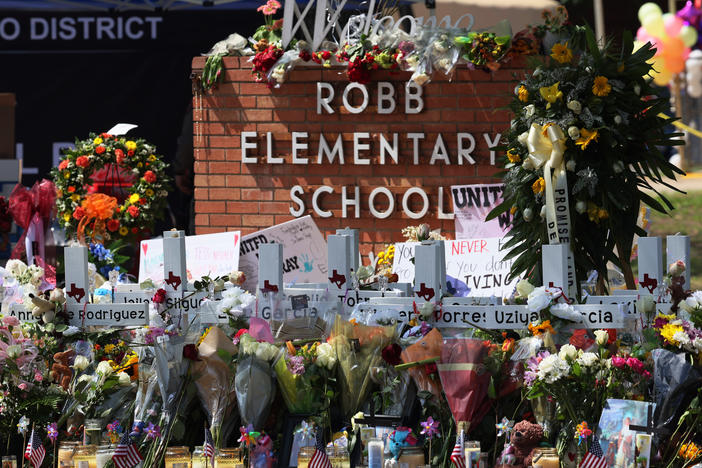 A memorial for the victims of the mass shooting at Robb Elementary School is seen on May 27, 2022 in Uvalde, Texas.