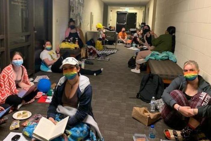 Students gather a sit-in at Seattle Pacific University on May 26, 2022.