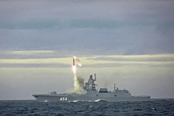 In this image taken from video released by Russian Defense Ministry Press Service on Saturday, a new Zircon hypersonic cruise missile is launched by the frigate Admiral Gorshkov of the Russian navy from the Barents Sea.