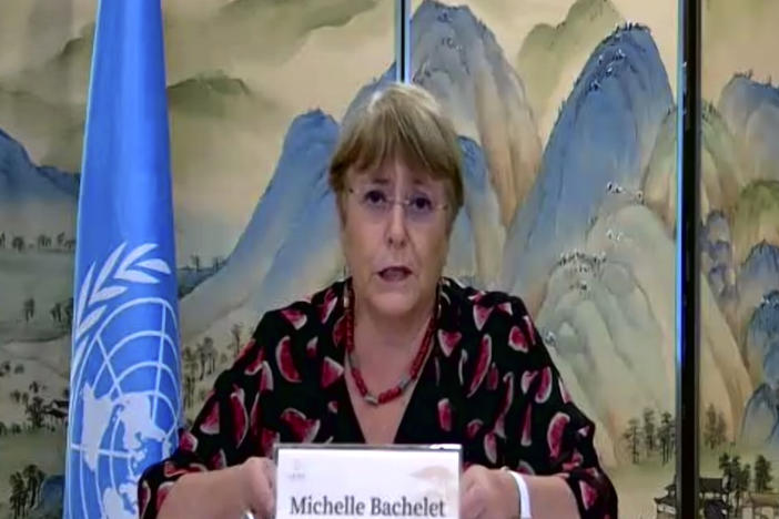 In this image made from online video, United Nations High Commissioner for Human Rights Michelle Bachelet speaks during an online press conference in Guangzhou in southern China's Guangdong Province, Saturday, May 28, 2022.