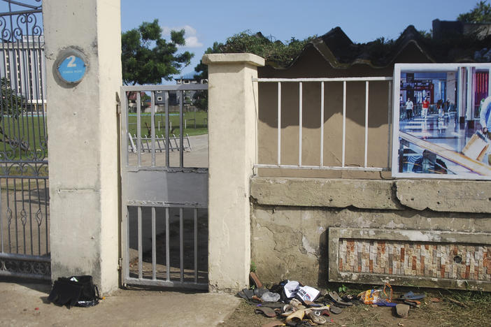 A view of sandles outside Kings Assembly Pentecostal church, following a stampede in Port Harcourt, Nigeria, Saturday, May 28, 2022.