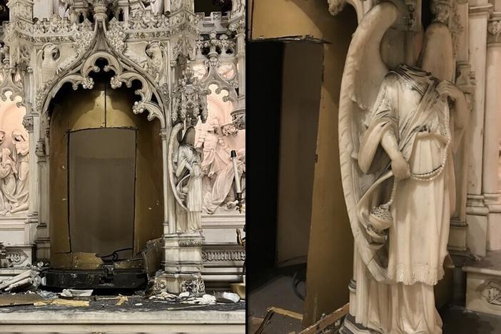 This image provided by the New York City Police Department shows a missing tabernacle and damaged angel statue in St. Augustine's Roman Catholic Church in Brooklyn's Park Slope neighborhood in New York, which was stolen between Thursday and Saturday.