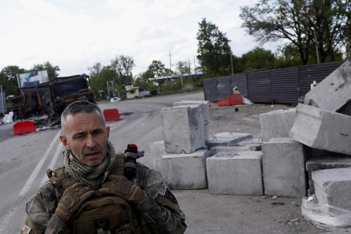 Business leader turned military commander Vsevolod Kozhemyako stands at a position in Ruska Lozova, a village retaken by the Ukrainian forces in the Kharkiv region, May 16.