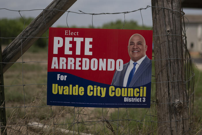A campaign sign for Pete Arredondo, the chief of police for the Uvalde Consolidated Independent School District, is seen in Uvalde, Texas, on Monday.