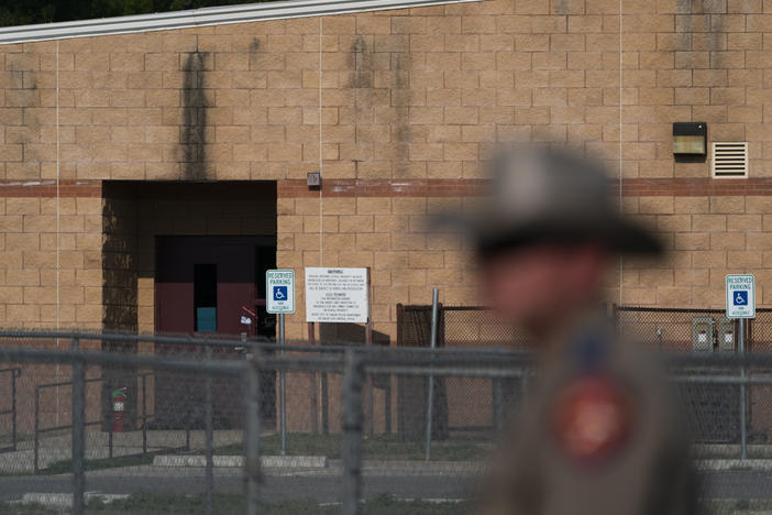 A back door at Robb Elementary School, where a gunman entered through to get into a classroom in last week's shooting, is seen in Uvalde, Texas, on Monday.