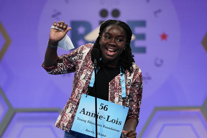 Annie-Lois Acheampong, 13, from Accra, Ghana, reacts during the Scripps National Spelling Bee on Tuesday in Oxon Hill, Md.