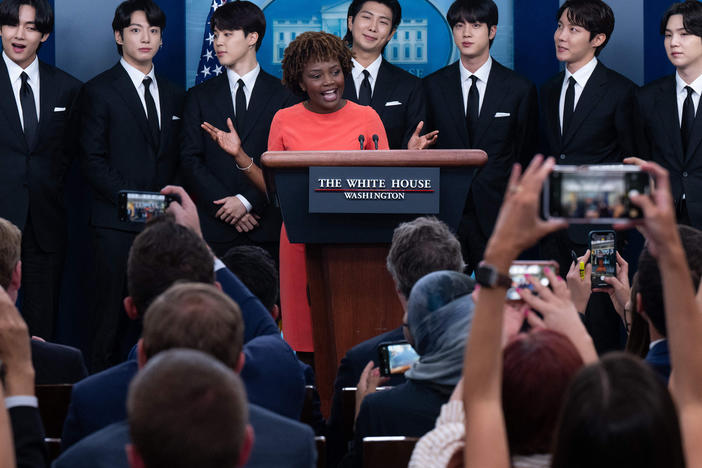 Korean band BTS appears at the daily press briefing with Press Secretary Karine Jean-Pierre, to discuss Asian inclusion and representation, and addressing anti-Asian hate crimes and discrimination.