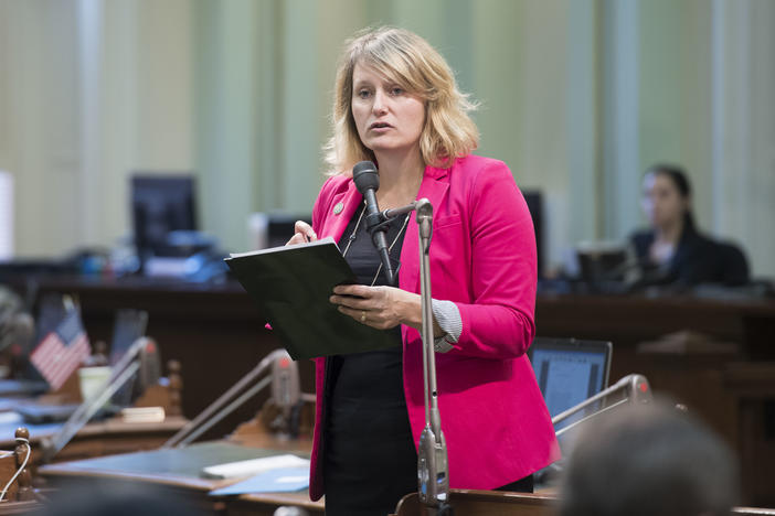 California Assembly member Buffy Wicks, a Democrat, speaks on the chamber floor in January 2020. In 2019, on the 46th anniversary of Roe v. Wade, she told the story of her own abortion.