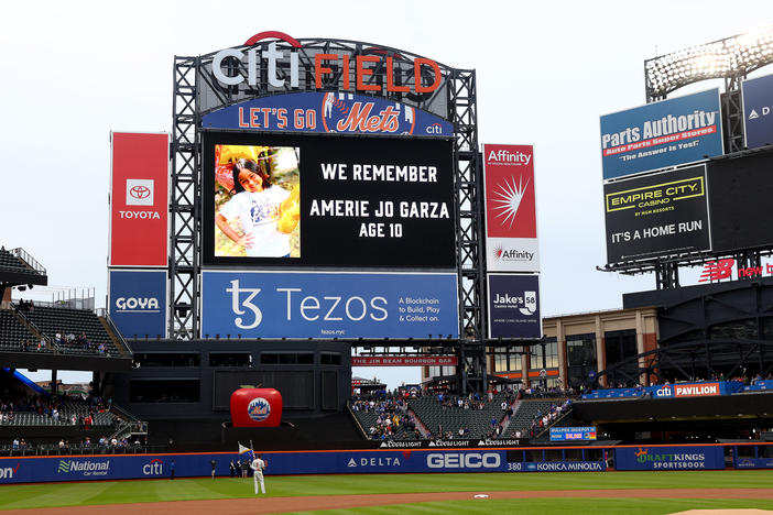 Amerie Jo Garza's name is displayed before the game between the New York Mets and the Philadelphia Phillies at Citi Field on May 27, 2022 in the Queens borough of New York City.