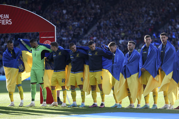Ukrainian players ahead of their winning World Cup 2022 qualifying playoff soccer match against Scotland at Hampden Park stadium in Glasgow, Scotland, on Wednesday. Ukraine won the match 3-1.