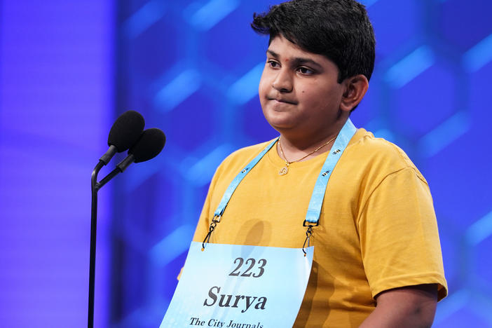Surya Kapu, 13, from South Jordan, Utah, competes during the Scripps National Spelling Bee on Wednesday in Oxon Hill, Md.