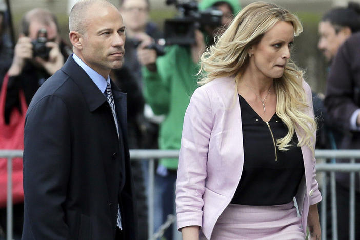 Stormy Daniels and her attorney Michael Avenatti leave federal court in New York, on April 16, 2018. Avenatti was sentenced Thursday to four years in prison for cheating client Daniels of hundreds of thousands of dollars in book proceeds.