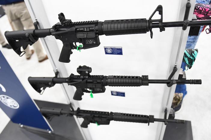 Smith & Wesson M&P15 semi-automatic rifles of the AR-15 style are displayed during the National Rifle Association (NRA) annual meeting at the George R. Brown Convention Center in Houston, Texas on May 28.