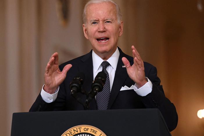 President Biden speaks at the Cross Hall of the White House on Thursday about the recent mass shootings and urges Congress to pass laws to combat gun violence.