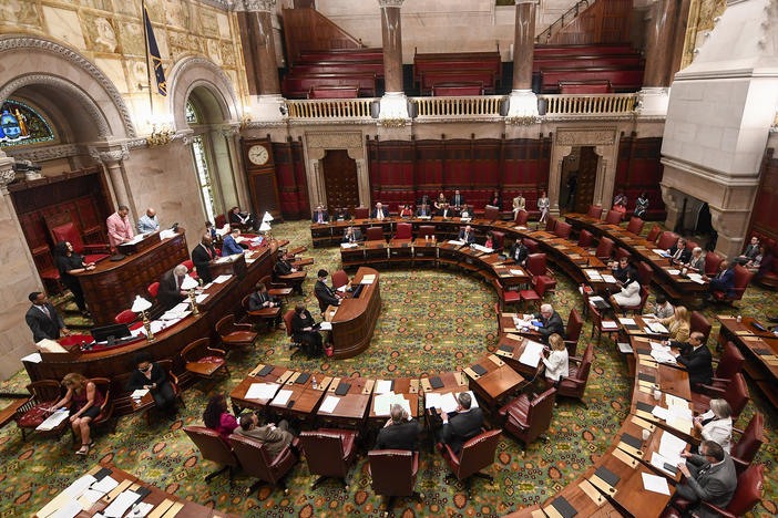 The New York Senate Chamber is pictured during a legislative session at the state Capitol on the last scheduled day of the 2022 legislative session, Thursday, June 2, 2022, in Albany, N.Y.