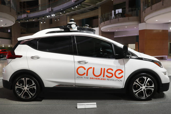 A Cruise AV, General Motor's autonomous electric Bolt EV is displayed in Detroit on Jan. 16, 2019. California regulators on Thursday gave Cruise's robotic taxi service the green light to begin charging passengers for driverless rides in San Francisco.