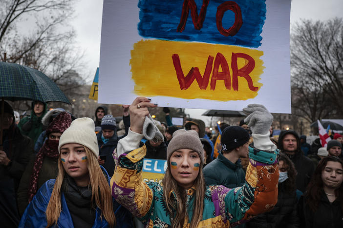 Ukrainians living in the U.S. and anti-war demonstrators protest against Russia's invasion in Washington, D.C., on Feb. 24.