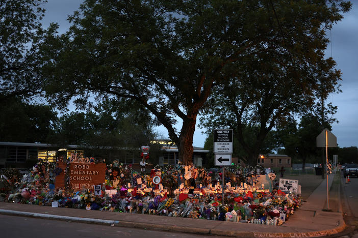 A memorial dedicated to the victims of the mass shooting at Robb Elementary School in Uvalde, Texas.