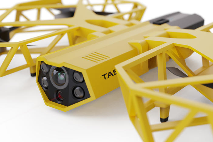 This photo provided by Axon Enterprise depicts a conceptual design through a computer-generated rendering of a taser drone.