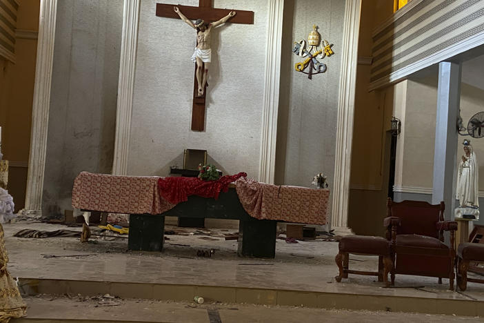 A view of the St. Francis Catholic Church in Owo, Nigeria, on Sunday. Lawmakers in southwestern Nigeria say more than 50 people are feared dead after gunmen opened fire and detonated explosives at a church.